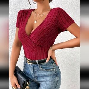 Red Valentine's Day Short Sleeve Low Cut Ribbed V-Neck Women Shirt Top